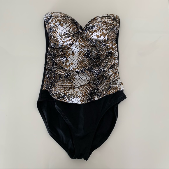 Ana Size 12 Black and Tan Patterned Strapless Women’s One Piece - Picture 1 of 12